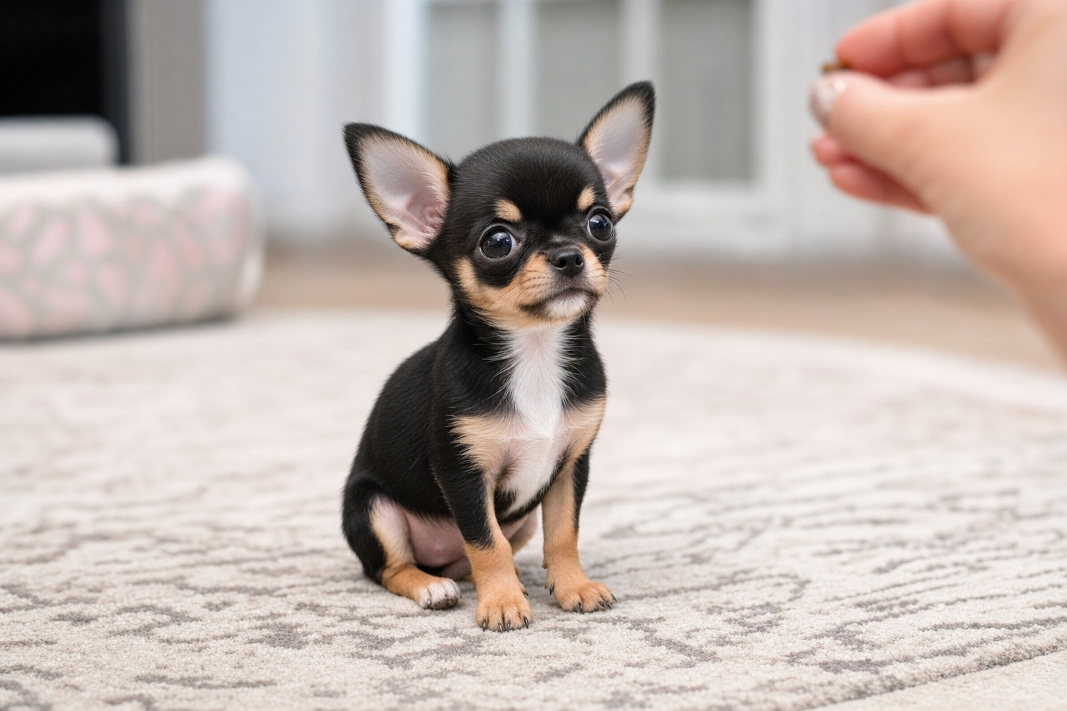 A long hair Chihuahua puppy sitting attentively during a training session with its owner in a sunny park.