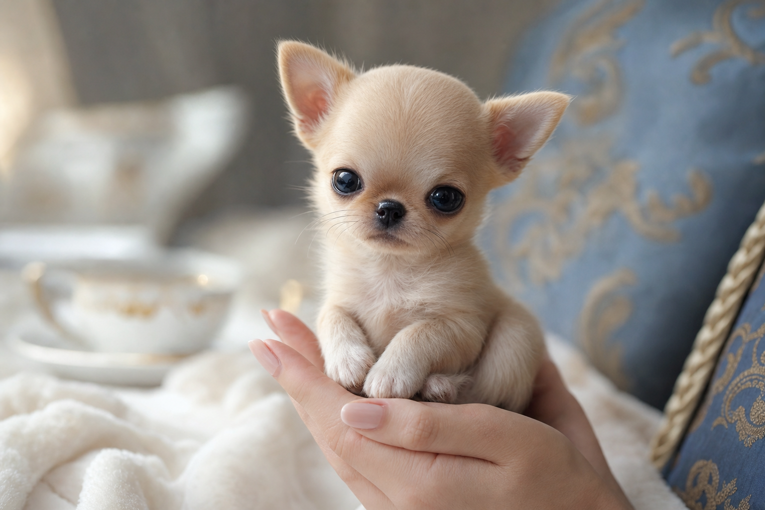 A healthy long-hair Teacup Chihuahua puppy sitting alertly, illustrating a guide to preventing hypoglycemia.