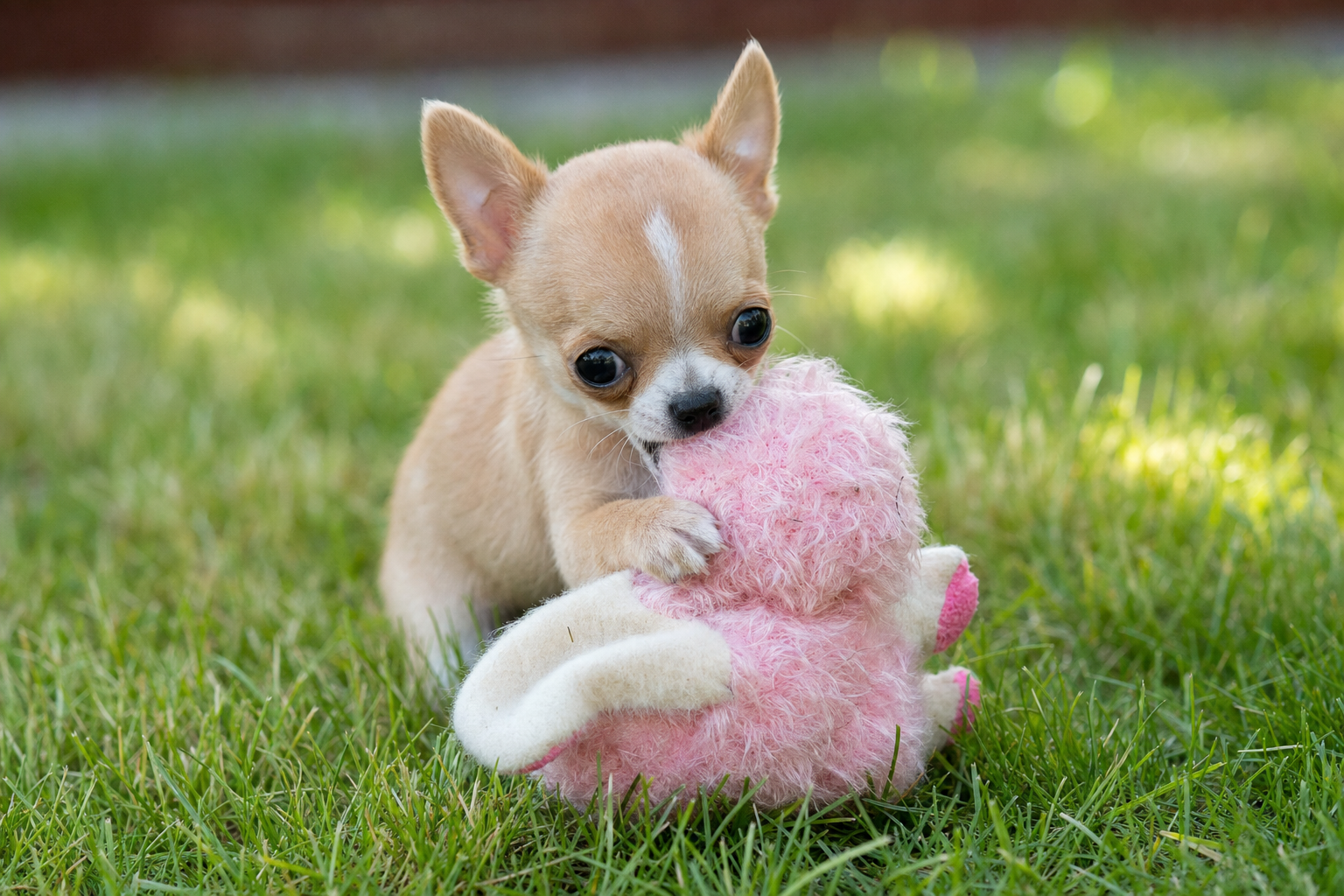 A happy long hair Chihuahua puppy playing with a colorful puzzle toy on a soft rug indoors.