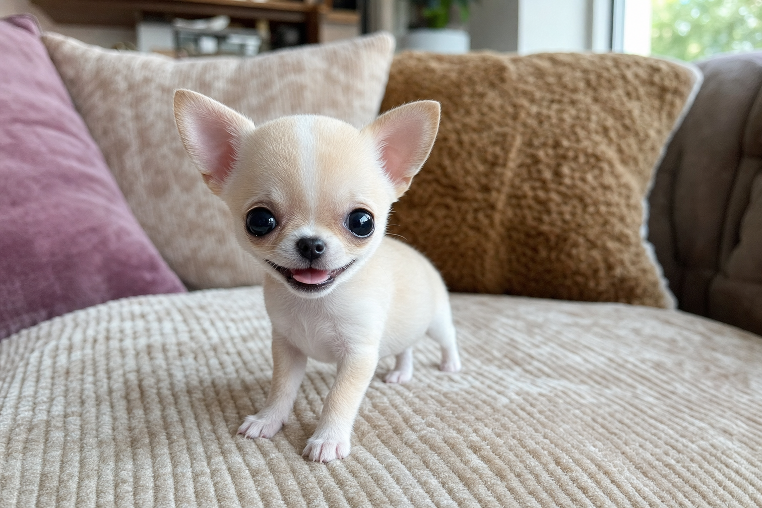 A small apple head Chihuahua puppy exploring a soft blanket, looking curious about its new environment.