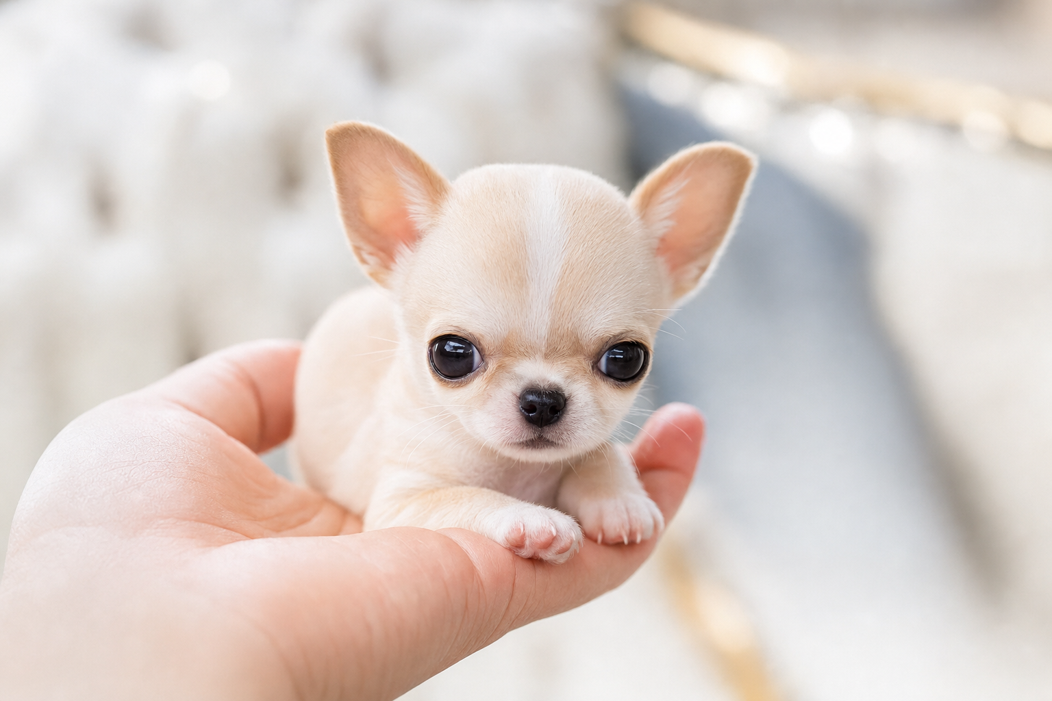 A tiny fawn long-hair Chihuahua puppy sitting on a soft white rug.