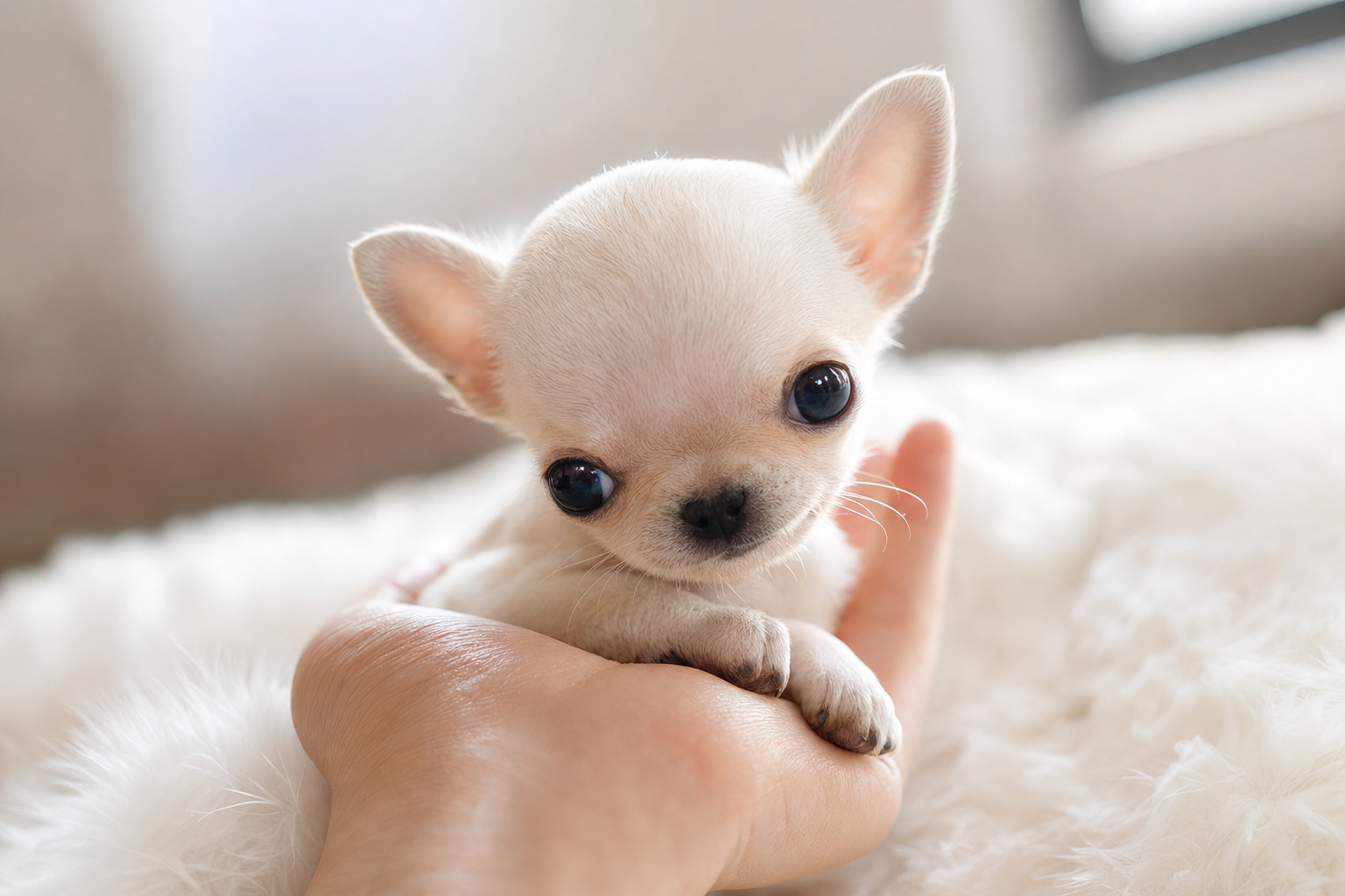 An elderly person relaxing in a chair with a small long-hair Chihuahua puppy napping on their lap.