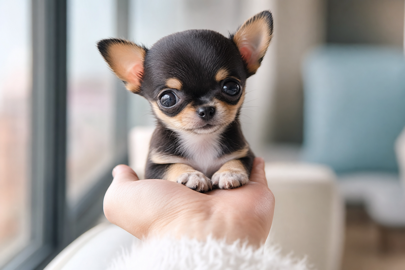 A beautiful long-hair fawn Chihuahua puppy sitting on a soft white rug.