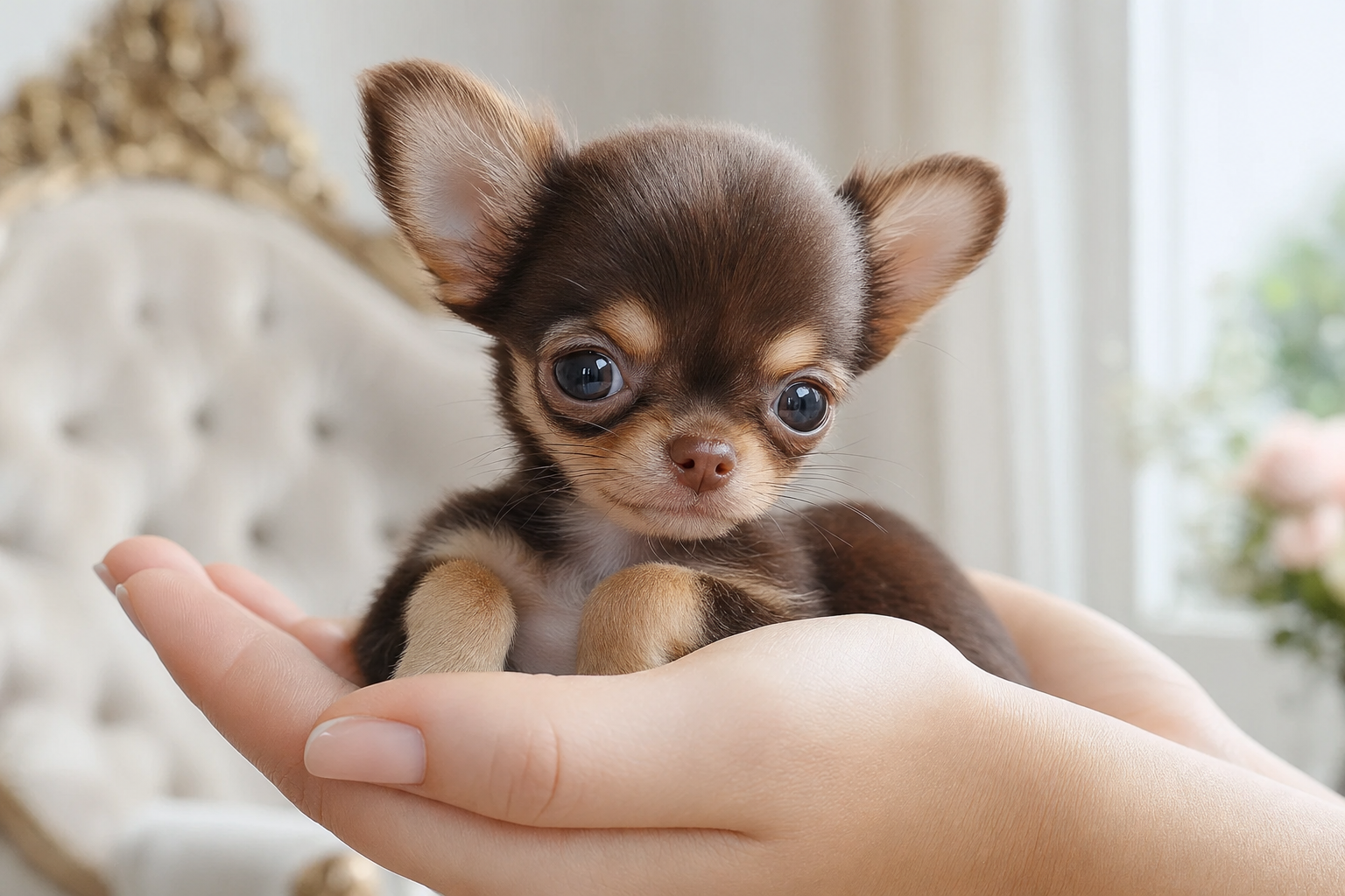 A tiny cream-colored Teacup Chihuahua puppy sitting on a soft blanket on a sunny balcony.