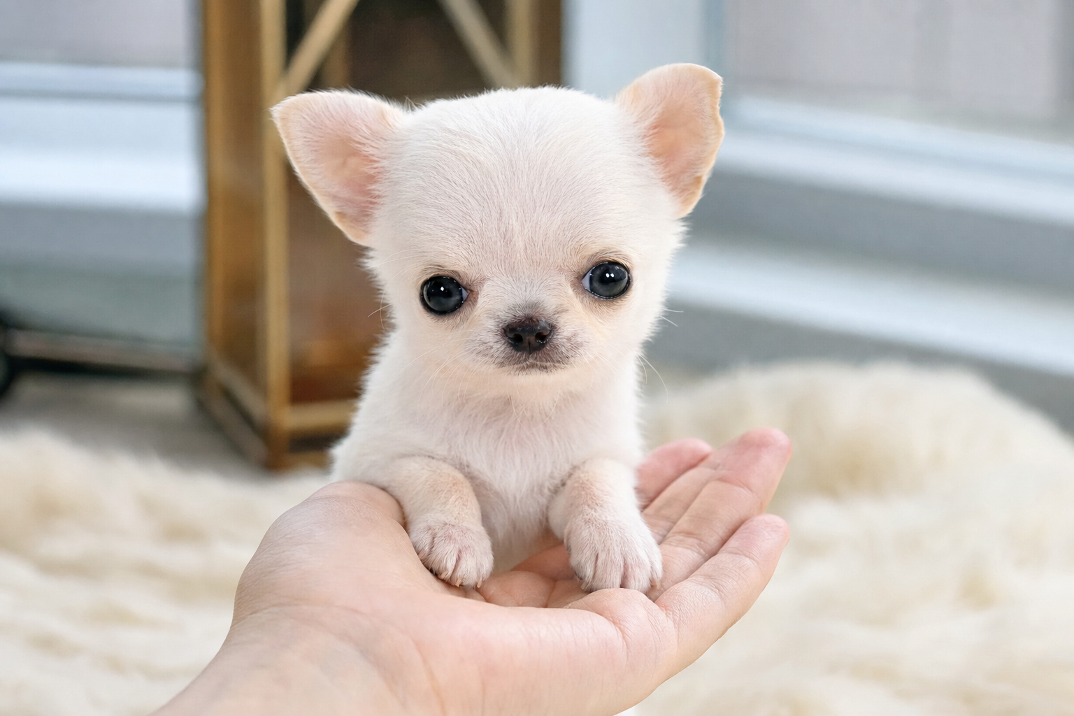 A tiny Apple Head Teacup Chihuahua puppy sitting on a white cushion on a sunny balcony.