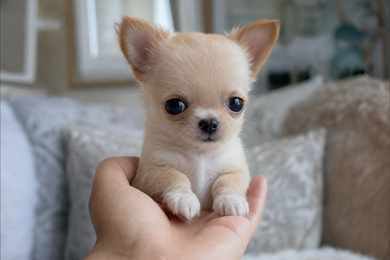 A young family smiling on a couch while petting their small long-hair Chihuahua puppy.