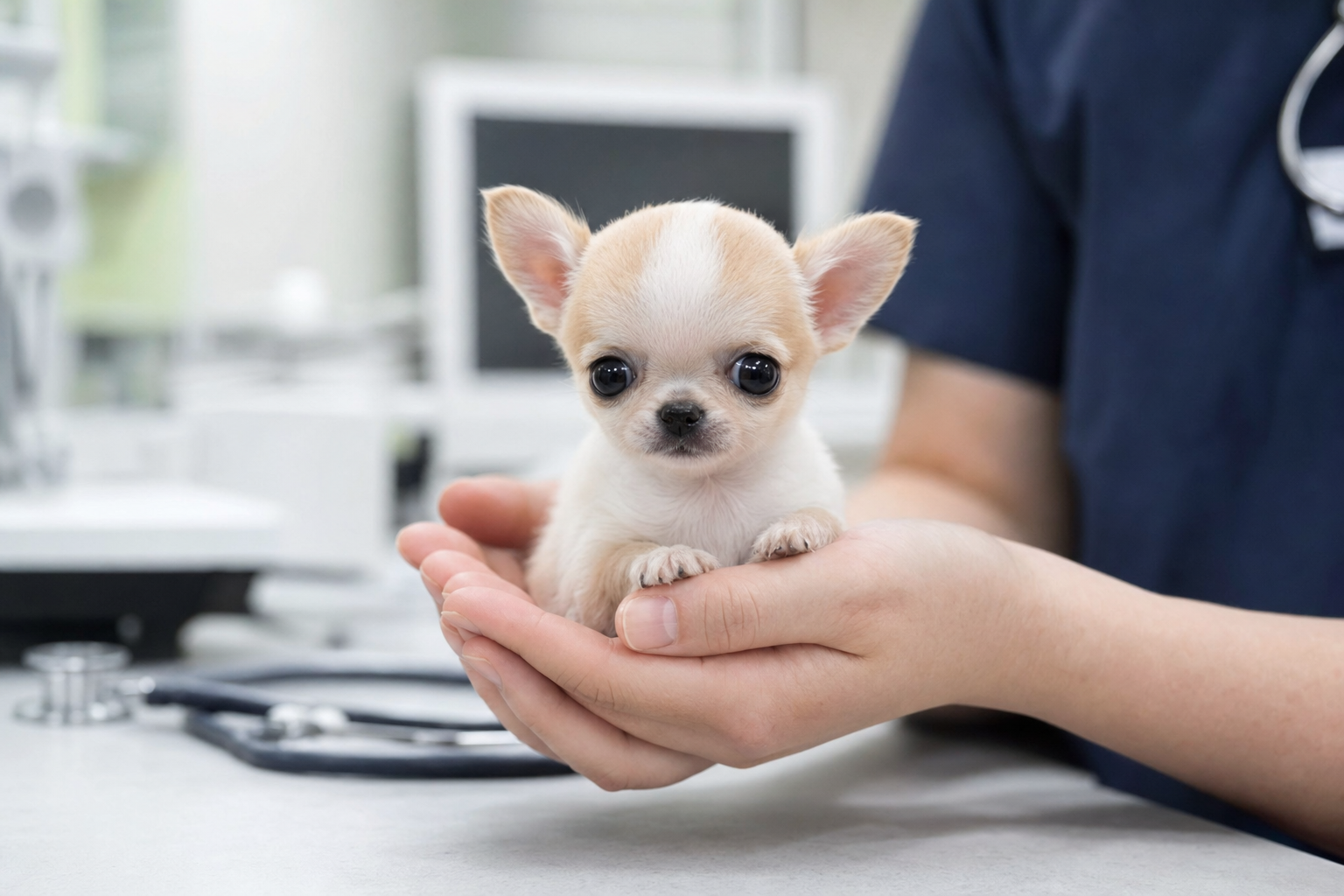 A healthy long hair Chihuahua puppy sitting attentively on a clean surface, looking bright-eyed and alert.