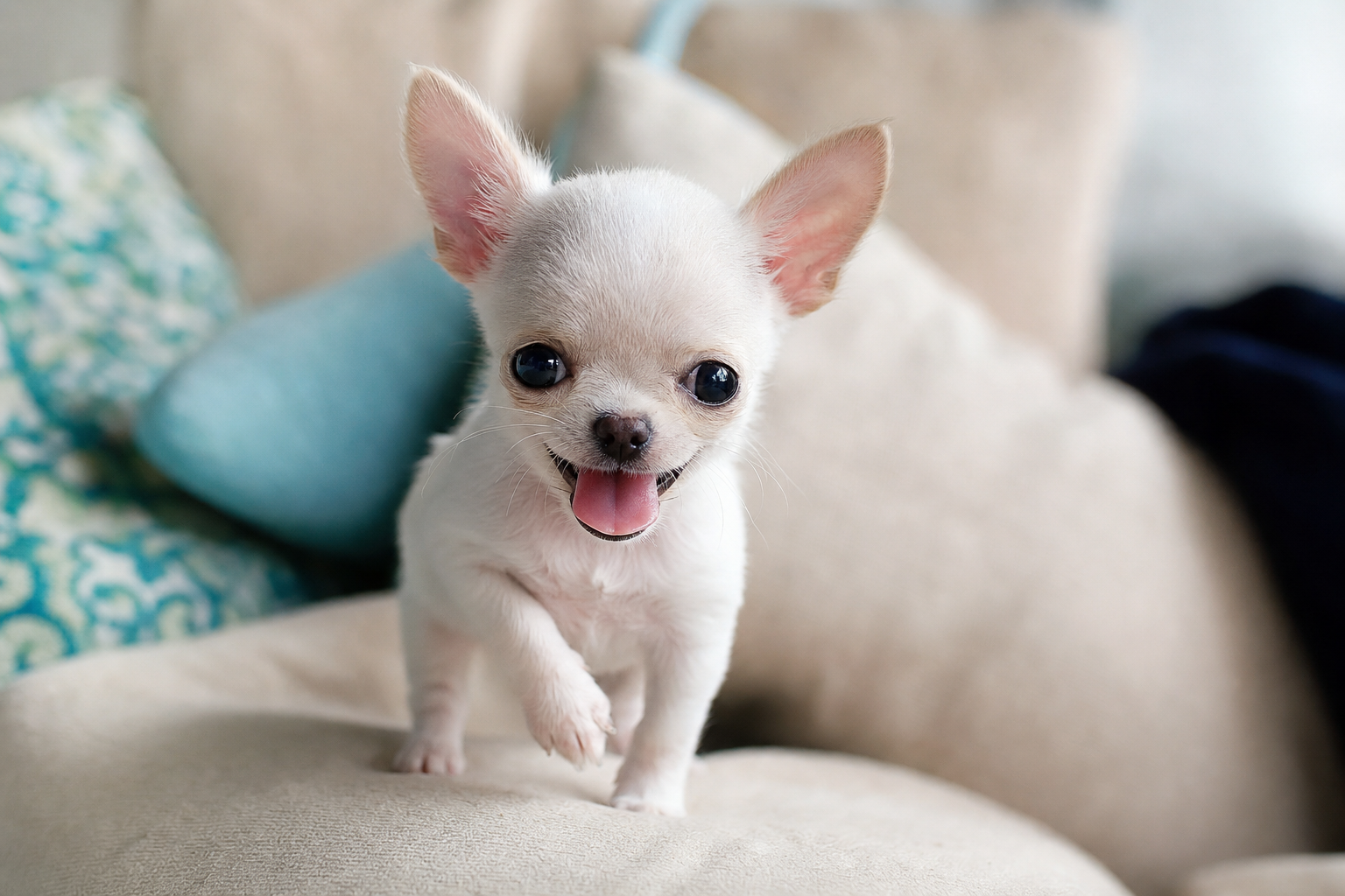 A tiny Apple Head Chihuahua puppy sleeping on a soft white blanket, illustrating a daily routine of rest.