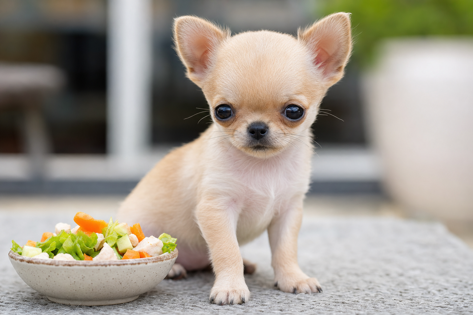 A healthy long hair Chihuahua puppy looking alertly at a small bowl of kibble, representing proper nutrition.