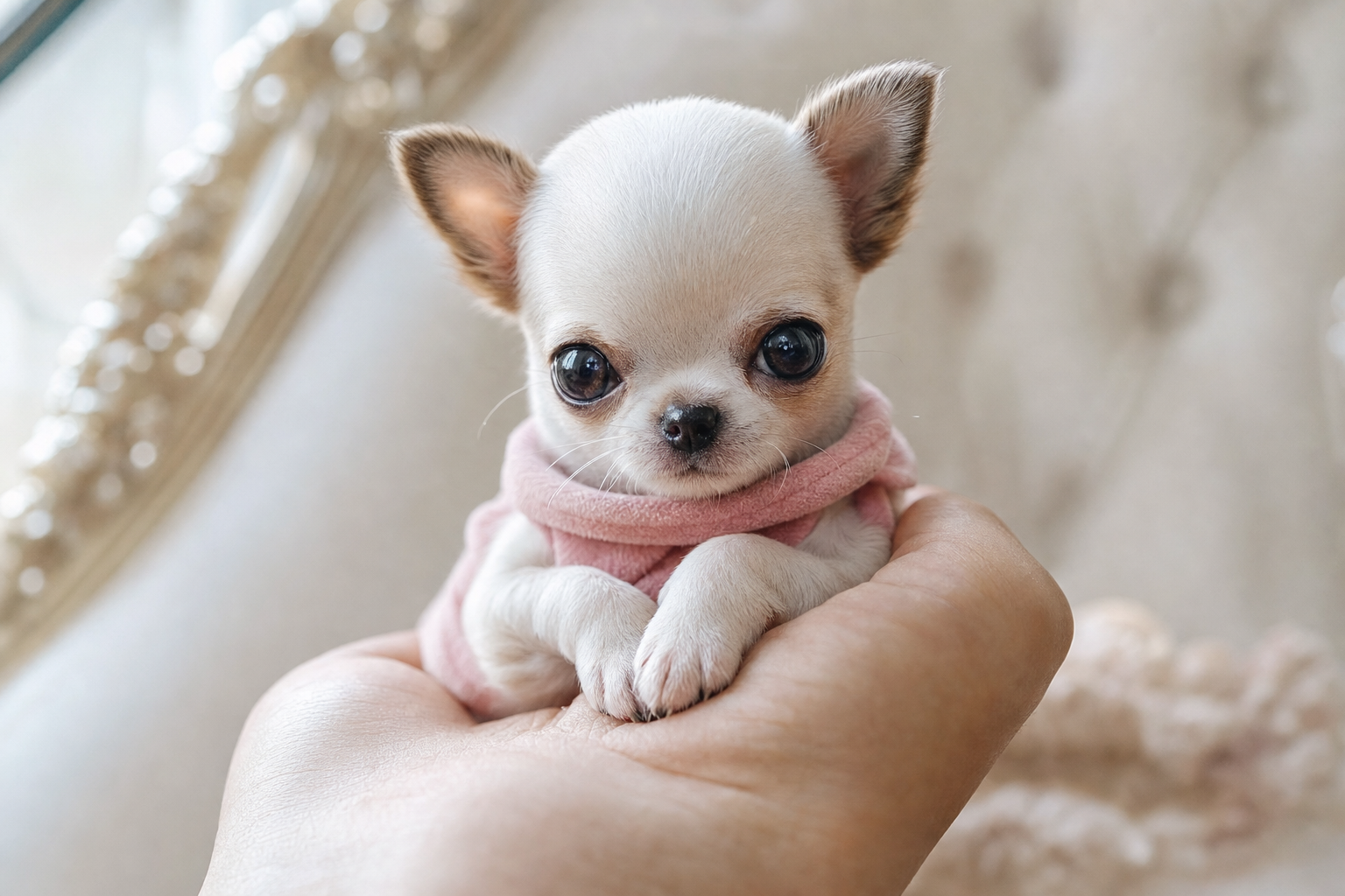 A tiny fawn Miniature Chihuahua puppy with big eyes sits on a soft cream sofa.