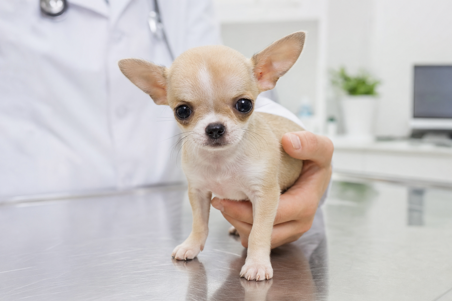 A healthy long-haired Chihuahua puppy sitting alertly on a clean surface, looking at the camera with bright, clear eyes.