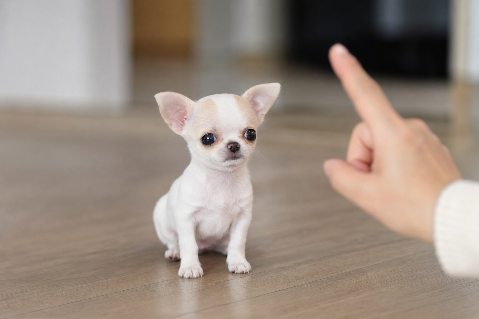A long-haired Chihuahua puppy sits attentively during a positive reinforcement training session in a sunlit room.