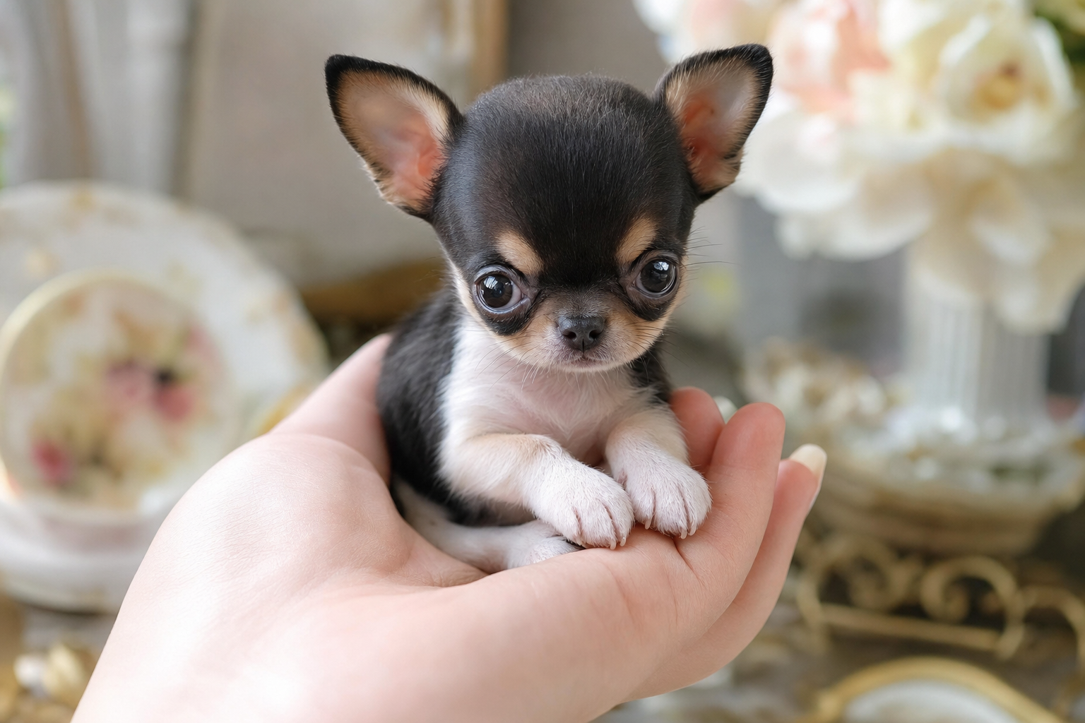 A tiny Apple Head Chihuahua puppy being held gently in a person's hands in a warm, cozy home.