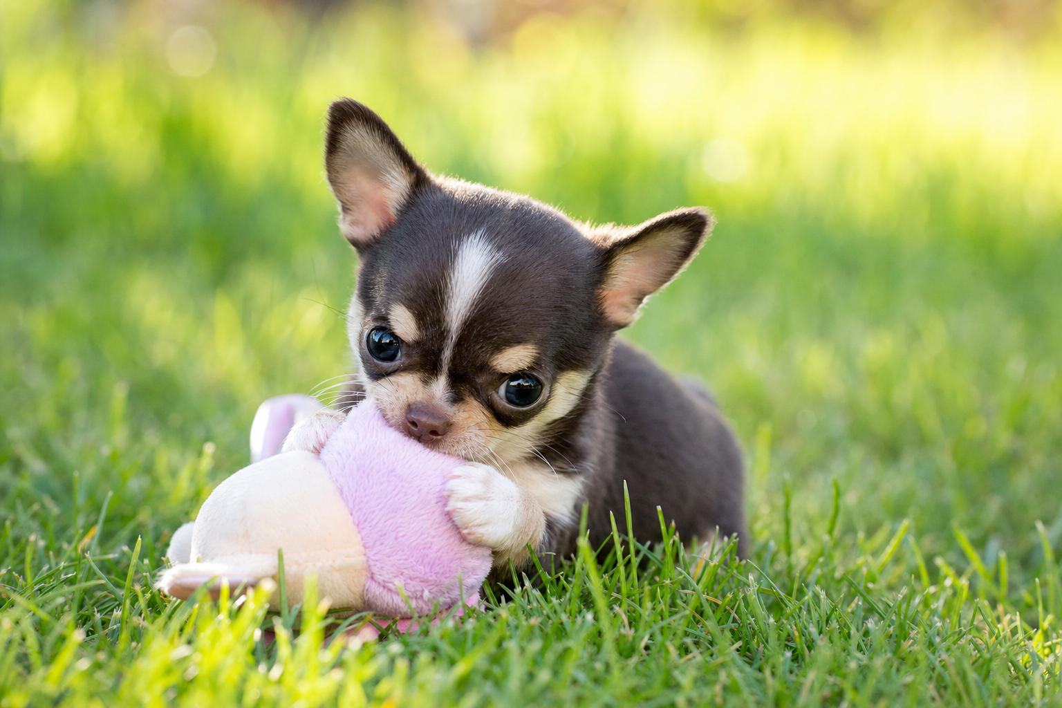 A happy long hair Chihuahua puppy playing with a puzzle toy on a soft blanket indoors.