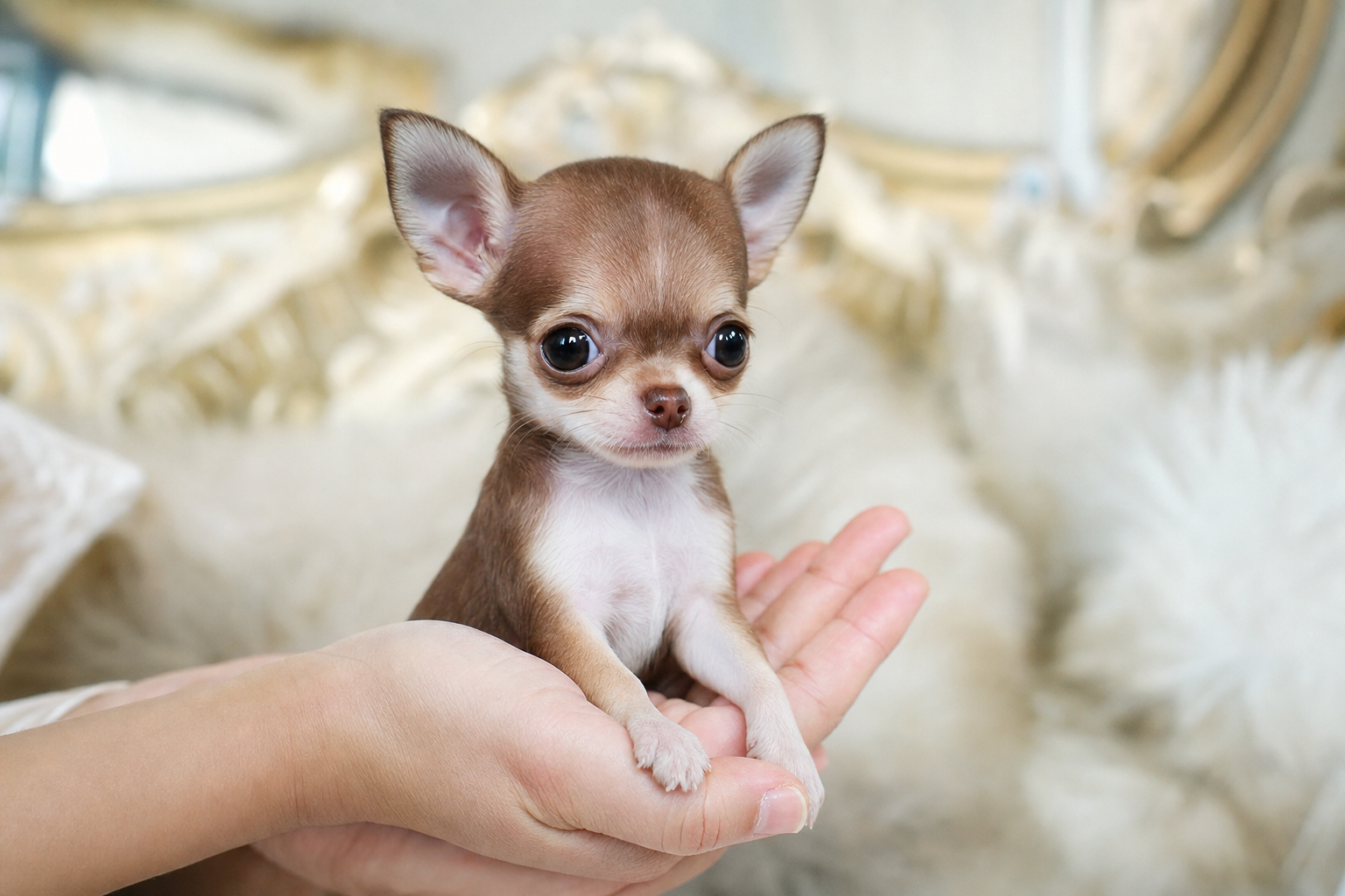 A beautiful fawn and white long-hair Chihuahua puppy sitting in a sunlit room.