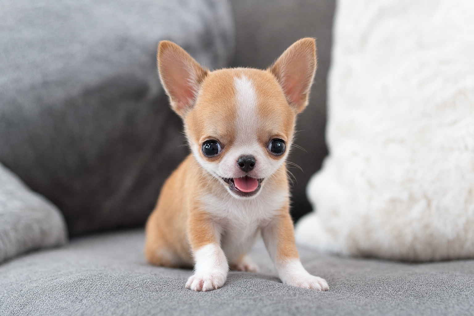 A tiny Apple Head Chihuahua puppy with big eyes exploring a soft blanket, representing early life milestones.