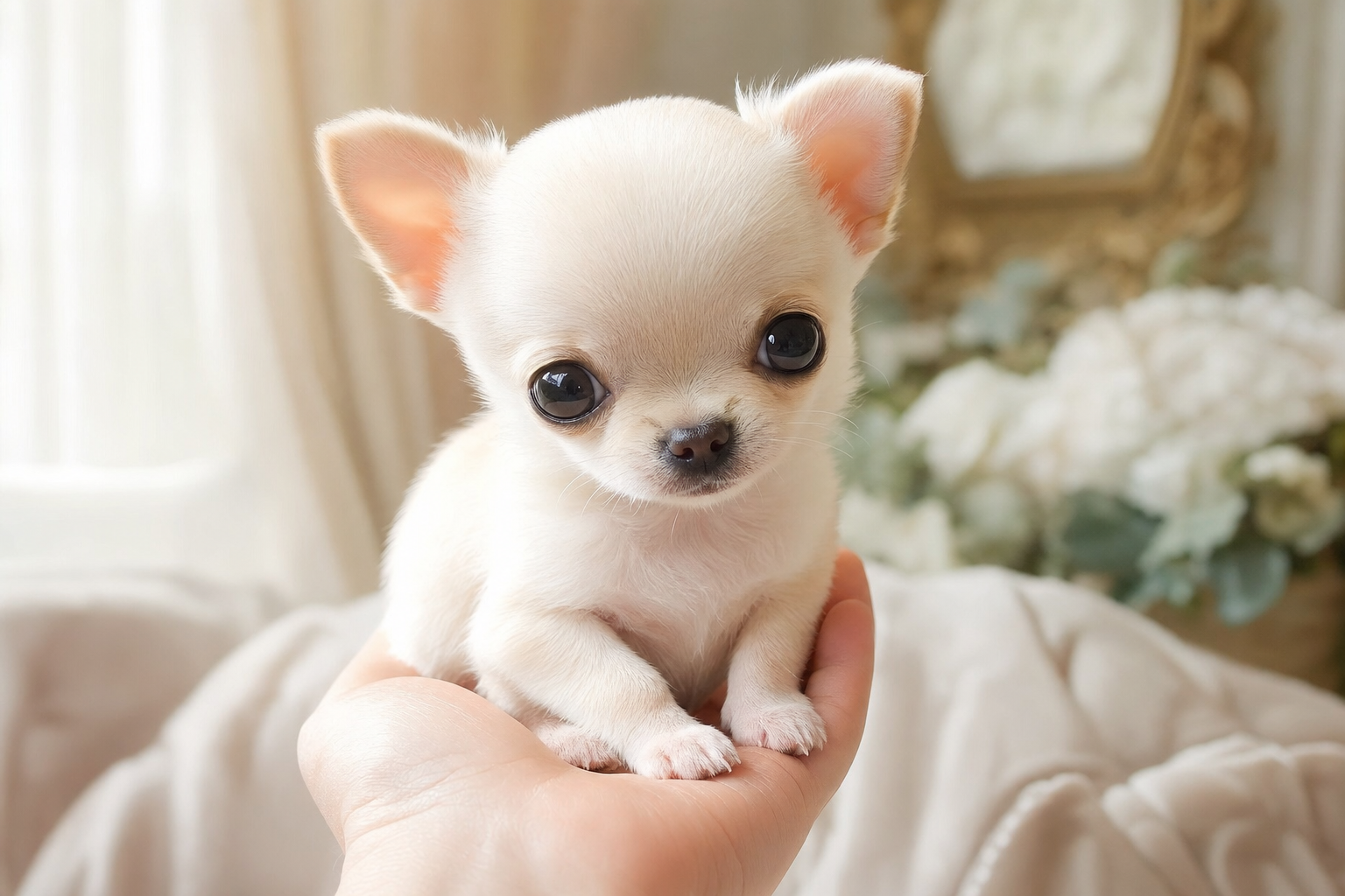 A tiny long-hair apple head Chihuahua puppy sitting on a white rug.