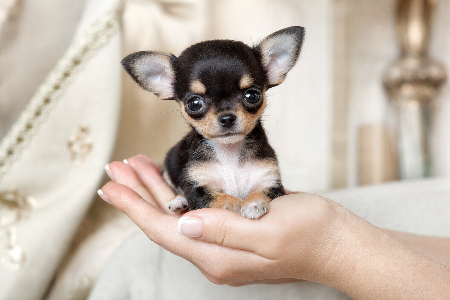 A photorealistic Teacup Chihuahua puppy, hand-raised in our California home — illustration for "Apple Head Chihuahua Breeders