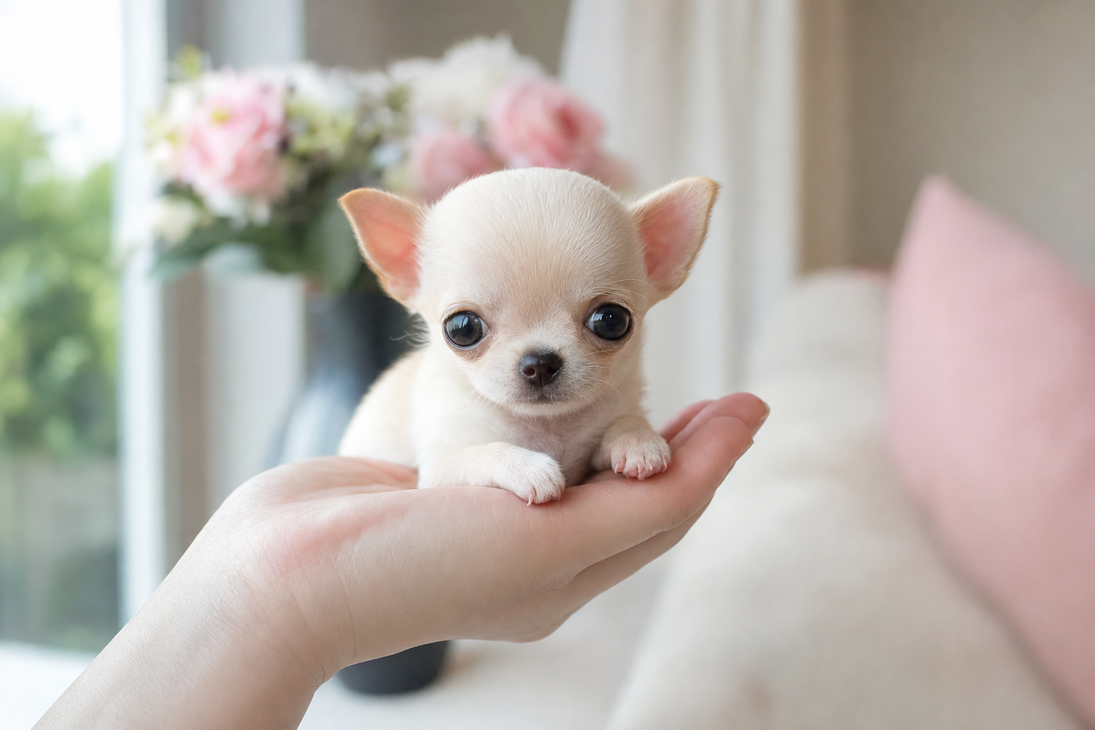 A photorealistic Apple Head Chihuahua puppy, hand-raised in our California home — illustration for "Chihuahua Health Guide: W