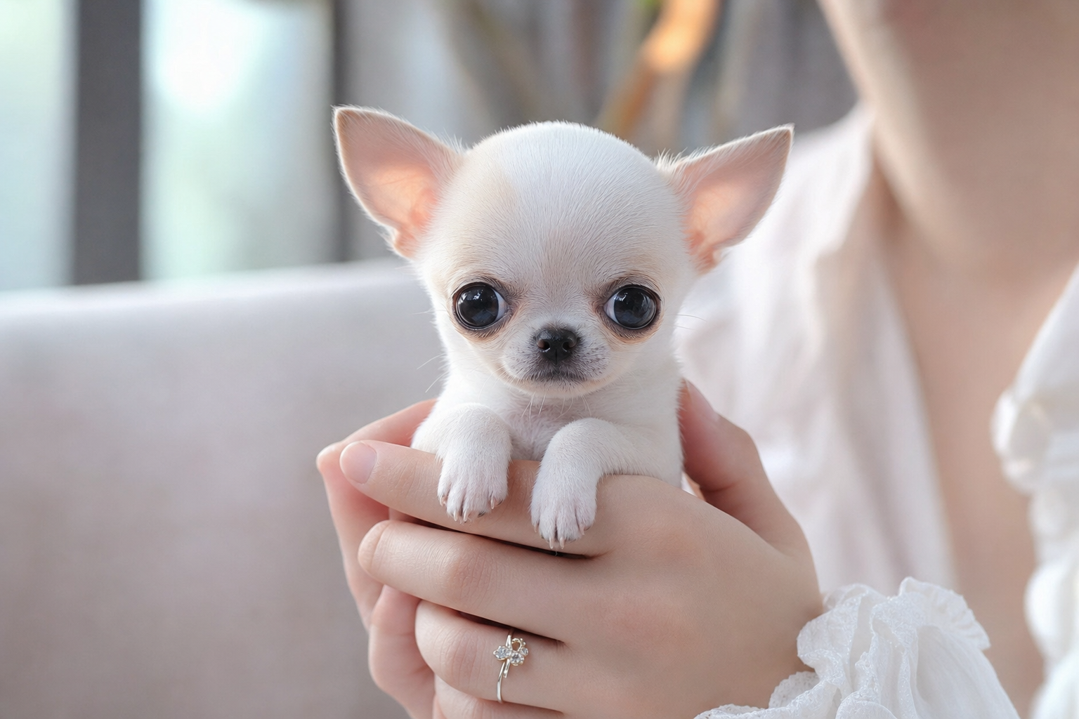 A photorealistic Apple Head Teacup Chihuahua puppy, hand-raised in our California home — illustration for "Heart Health in Ch