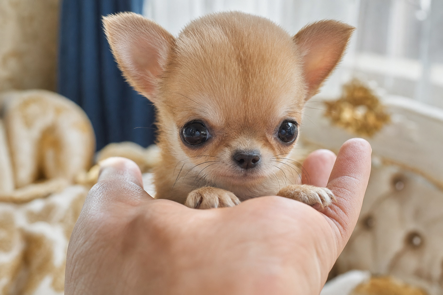 A beautiful senior long-coat Chihuahua with a gentle expression resting on a soft couch.