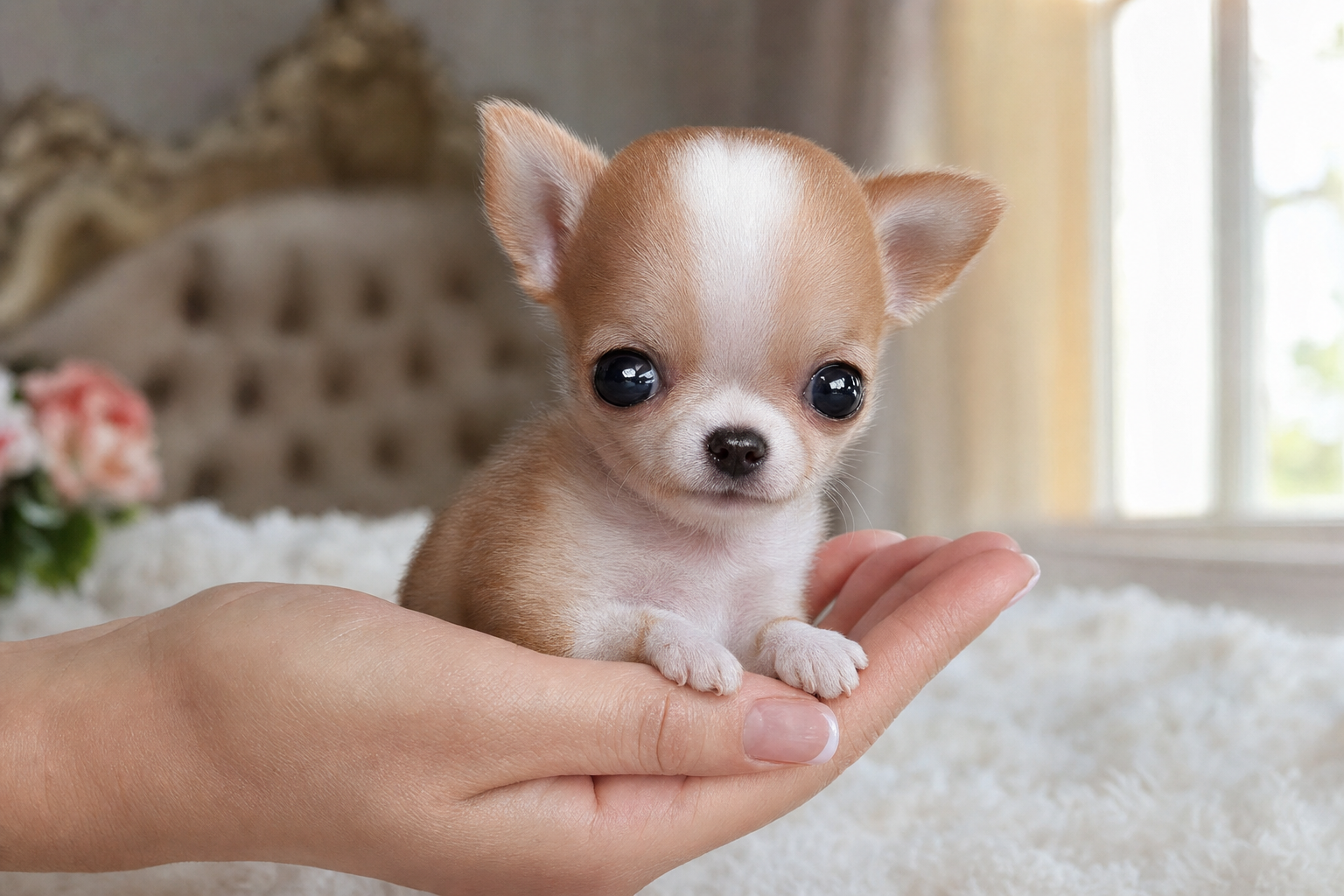 A photorealistic Apple Head Chihuahua puppy, hand-raised in our California home — illustration for "Chihuahua Puppies in Las