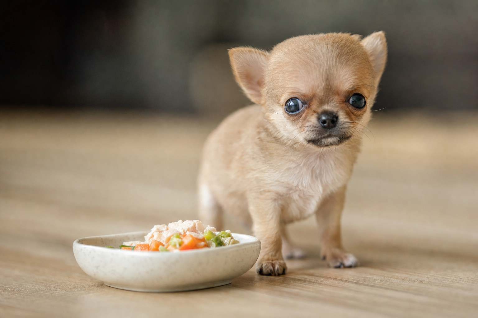 A tiny Apple Head Chihuahua puppy carefully eating a piece of kibble from a small bowl on a clean surface