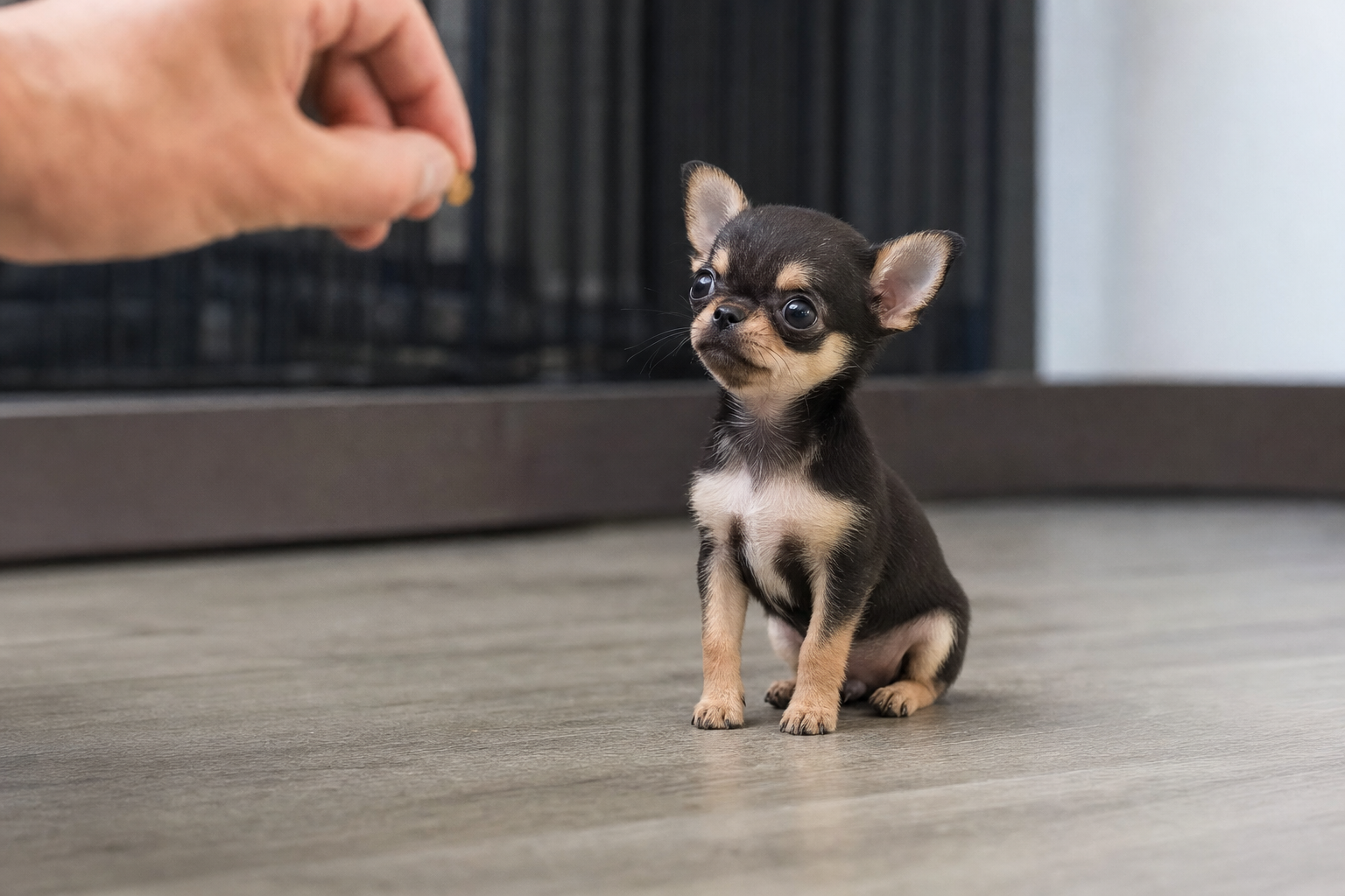 A long hair Chihuahua puppy looking attentively at its owner during a training session, representing positive reinforcement.