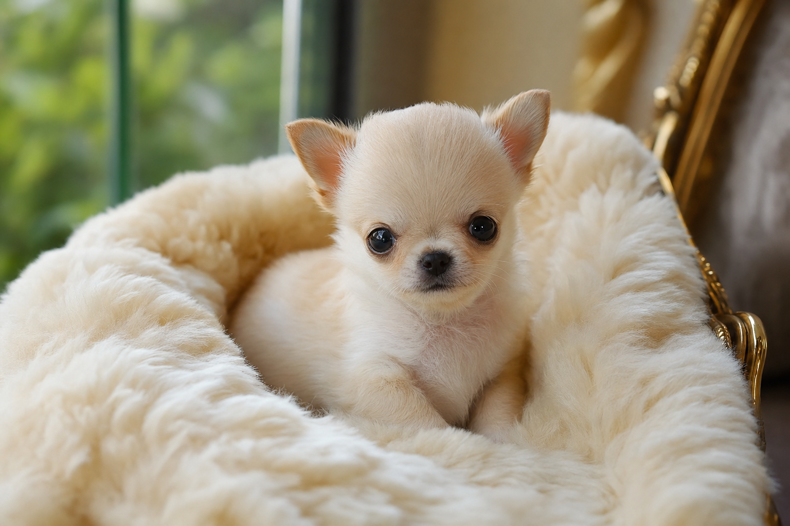 A photorealistic Apple Head Chihuahua puppy, hand-raised in our California home — illustration for "Crate Training a Tiny Bre
