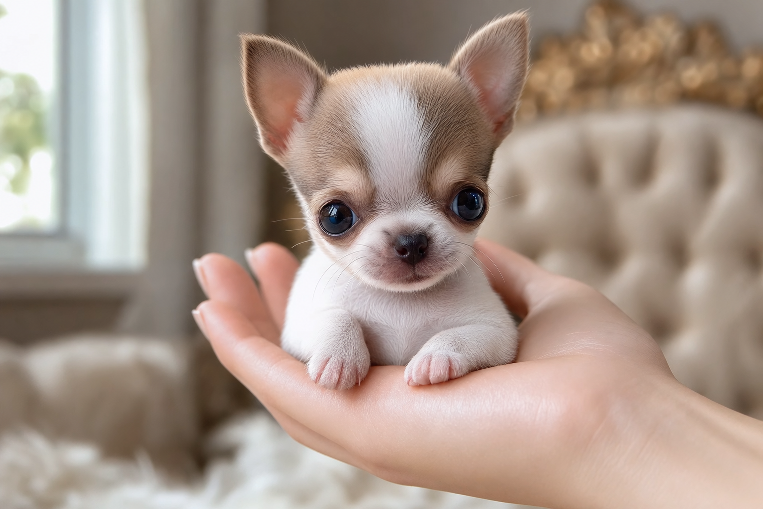 A photorealistic Long Hair Chihuahua puppy, hand-raised in our California home — illustration for "What Makes European Bloodl