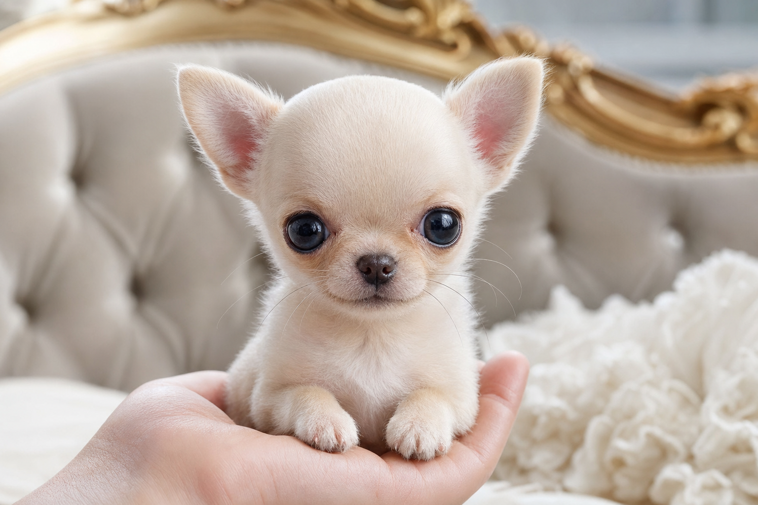 A photorealistic Apple Head Chihuahua puppy, hand-raised in our California home — illustration for "First Vet Visit Checklist