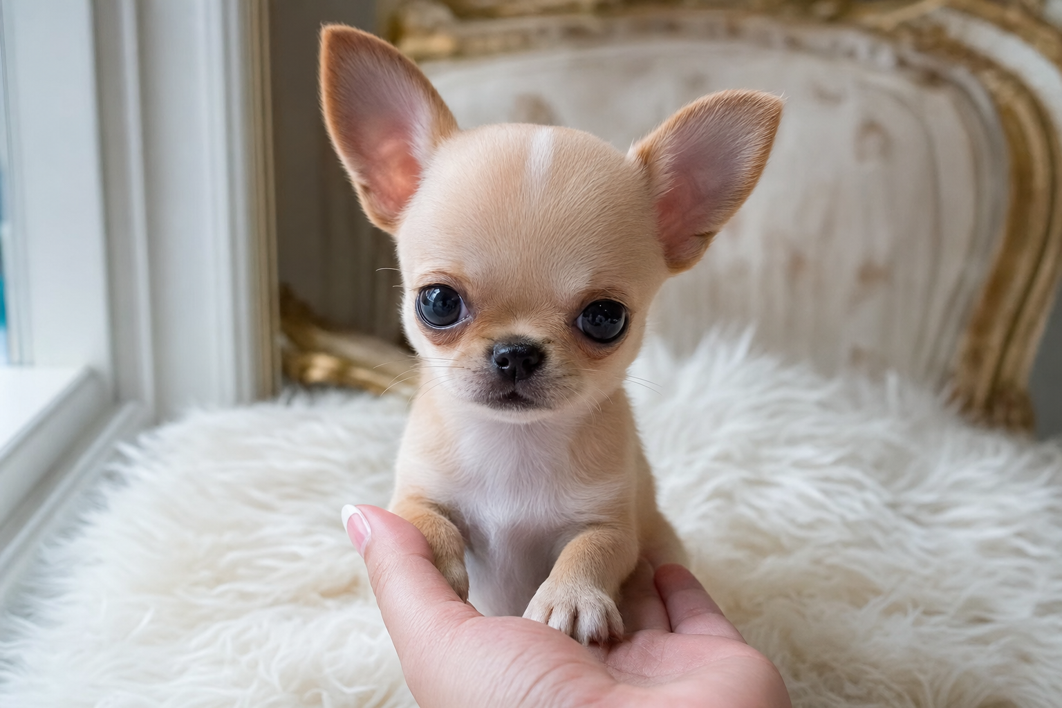 A photorealistic Apple Head Chihuahua puppy, hand-raised in our California home — illustration for "How to Bond With Your New