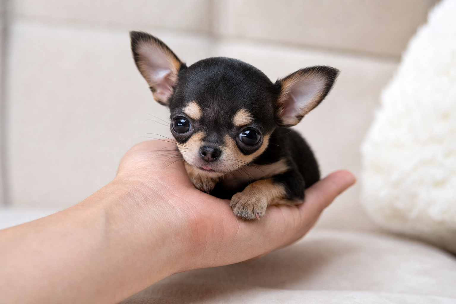 A photorealistic Apple Head Chihuahua puppy, hand-raised in our California home — illustration for "Long Hair Chihuahua Puppi