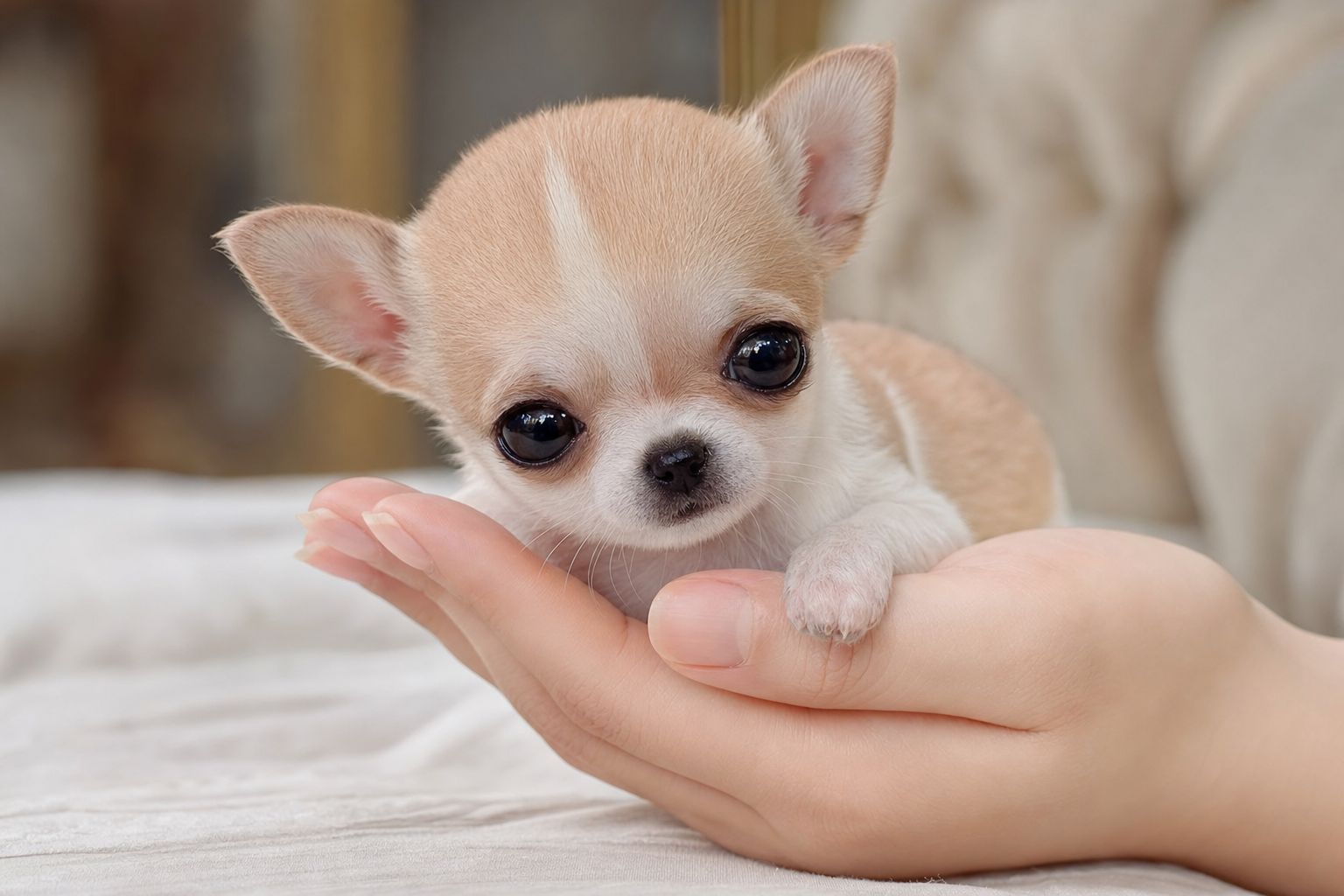 A photorealistic Chihuahua puppy, hand-raised in our California home — illustration for "Raising a Chihuahua in Los Angeles: