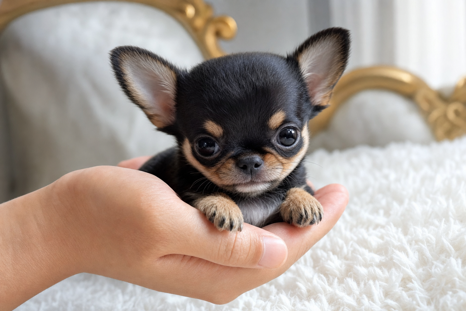 A photorealistic Apple Head Chihuahua puppy, hand-raised in our California home — illustration for "Vaccination Schedule for