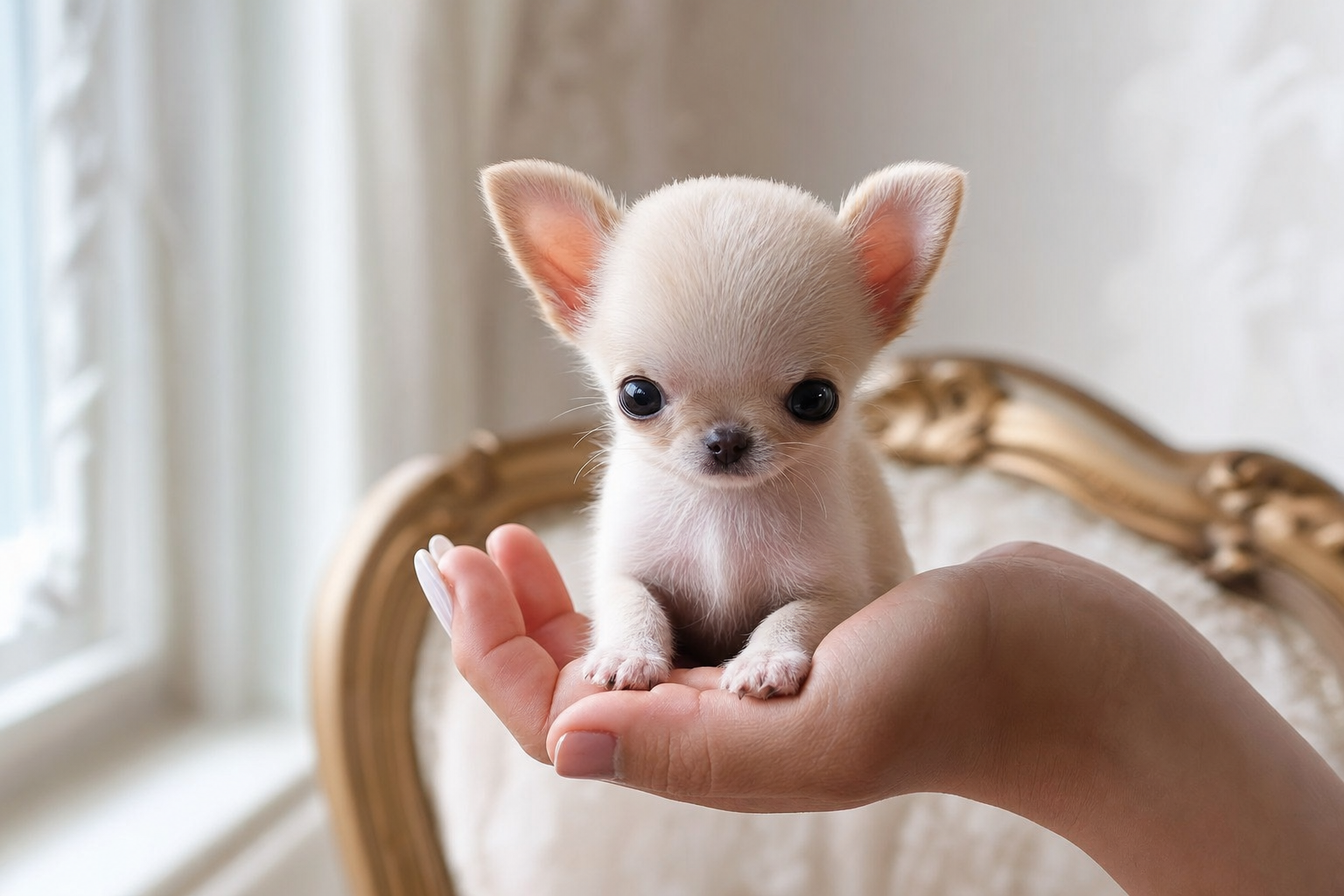 A photorealistic Apple Head Chihuahua puppy, hand-raised in our California home — illustration for "Why Teacup Puppies Need F