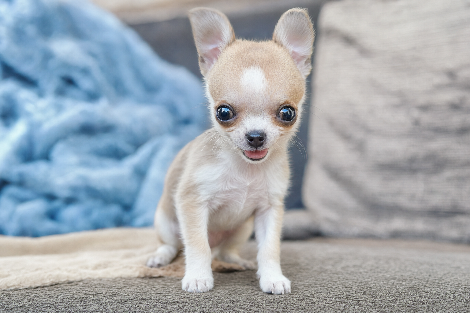 A tiny, healthy Apple Head Chihuahua puppy exploring a safe, clean indoor environment, representing puppy development.