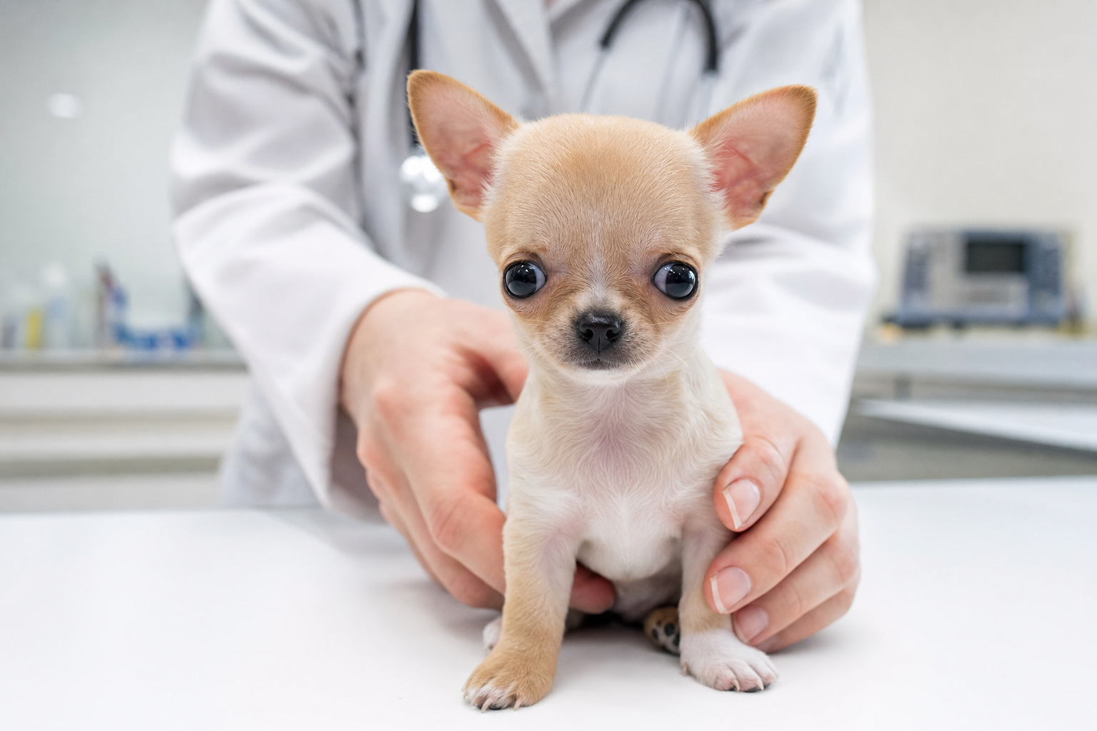 A healthy long-haired Chihuahua puppy sitting alertly on a clean white surface, looking into the camera with bright, clear eyes.