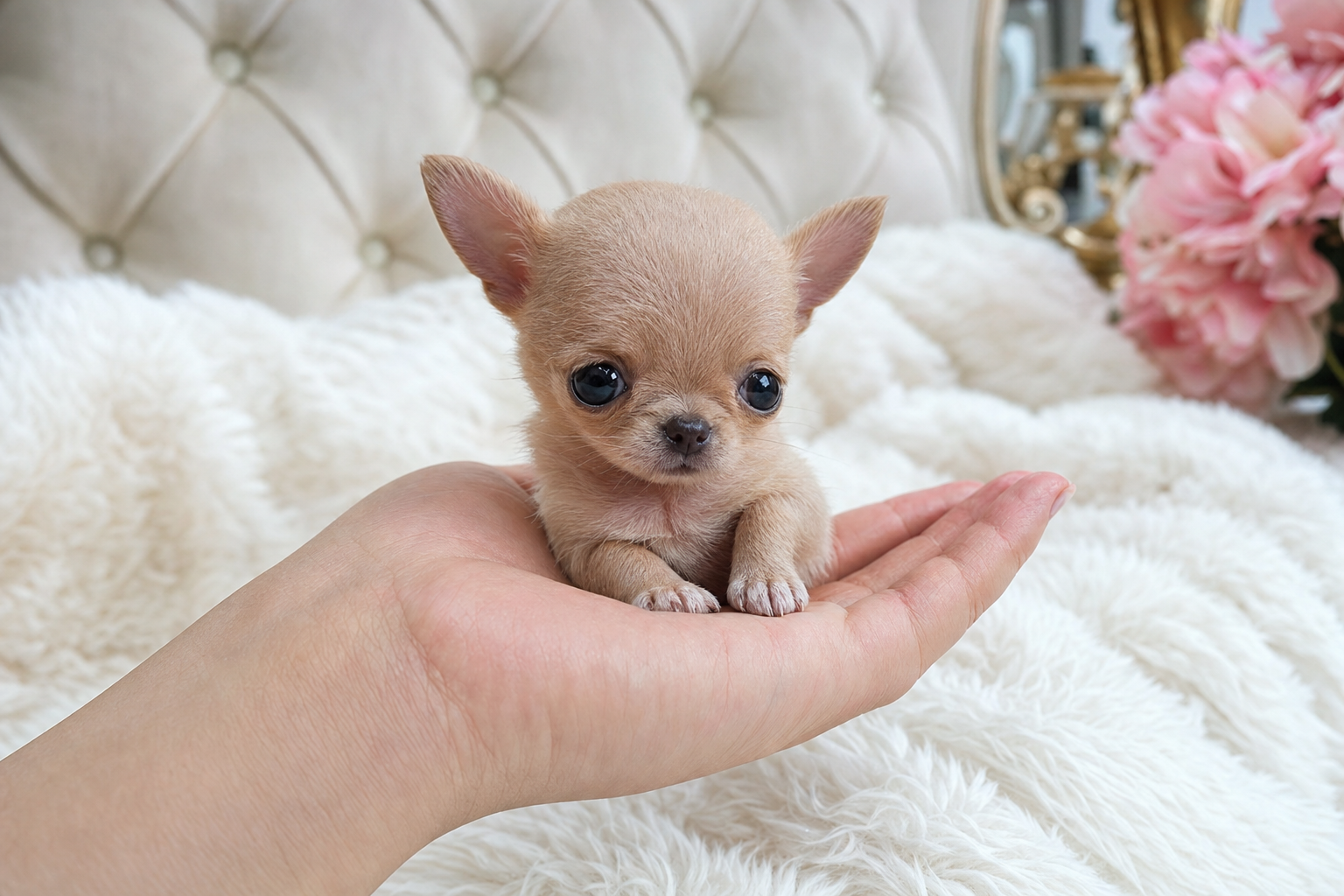 A tiny fawn Apple Head Chihuahua puppy looking up trustingly from a person's cupped hands.