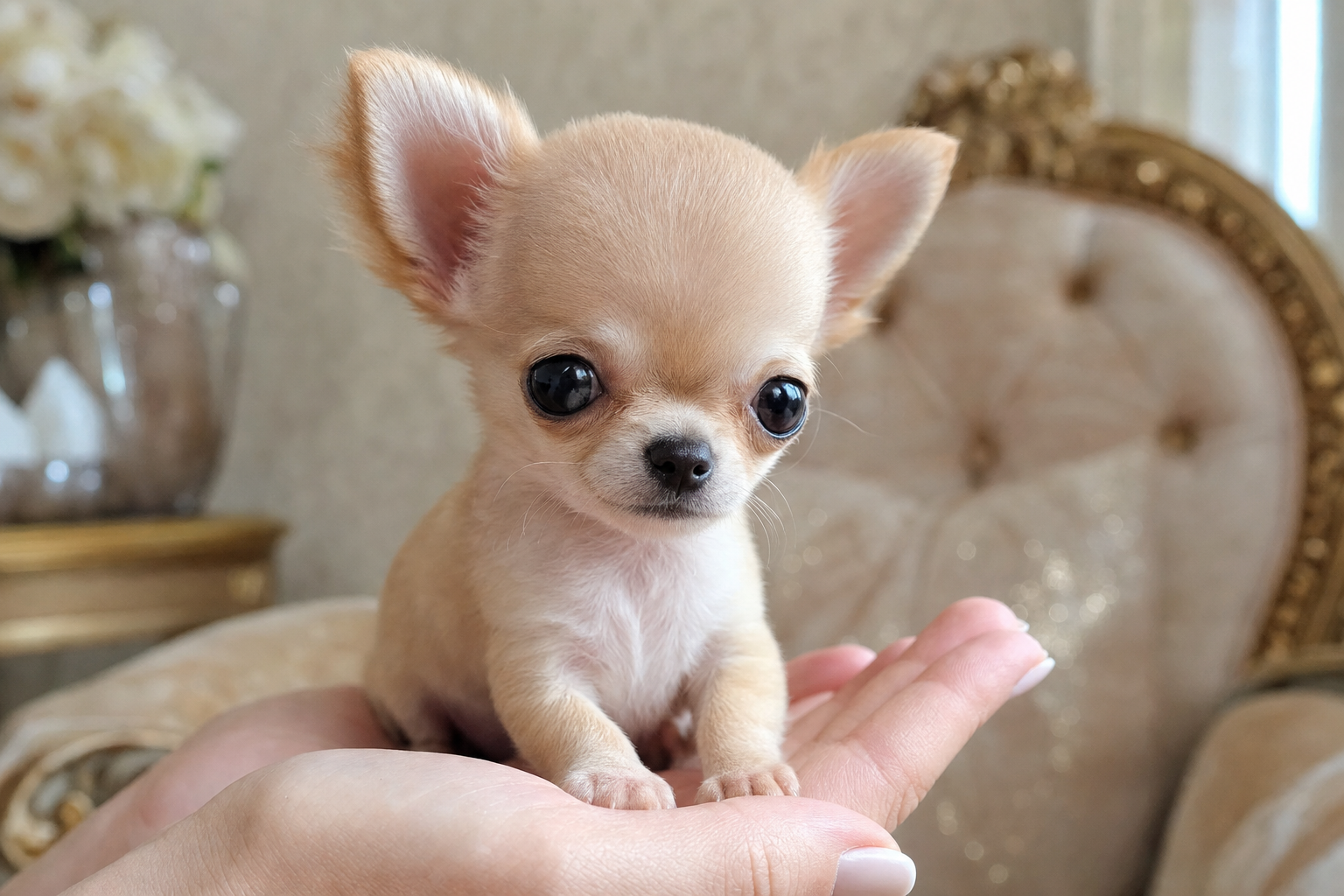 A tiny Apple Head Teacup Chihuahua puppy looking at its food bowl in a sunlit kitchen.
