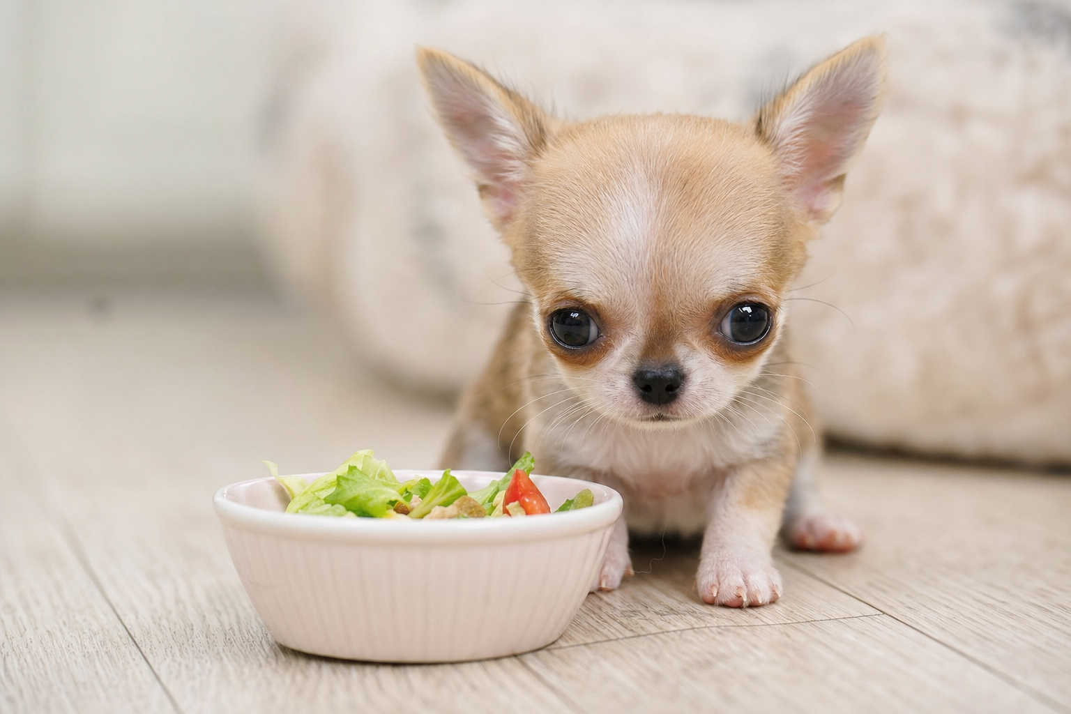 A tiny long hair Chihuahua puppy carefully eating kibble from a small stainless steel bowl.