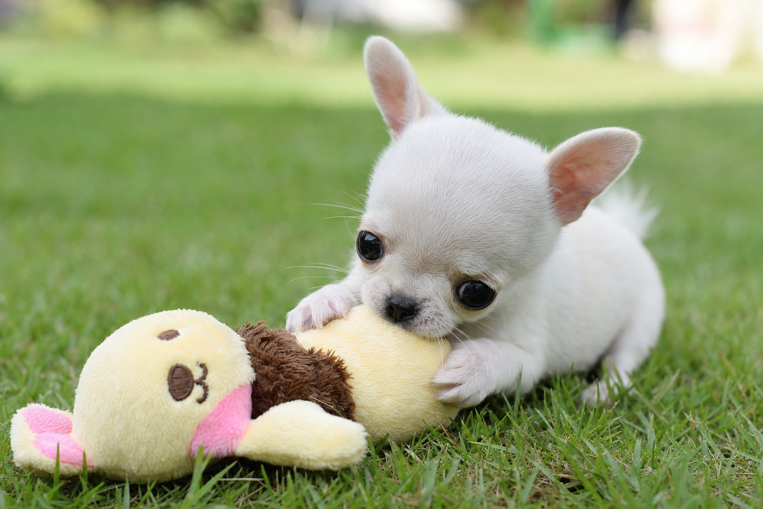 A happy long hair Chihuahua puppy playing with a colorful puzzle toy on a soft blanket indoors, showcasing mental enrichment.