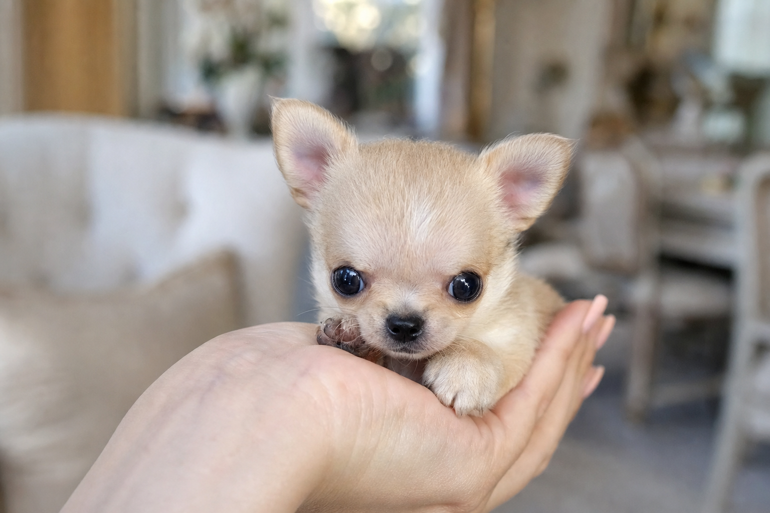 A tiny, fluffy long-haired Chihuahua puppy sleeping on a soft cream blanket.