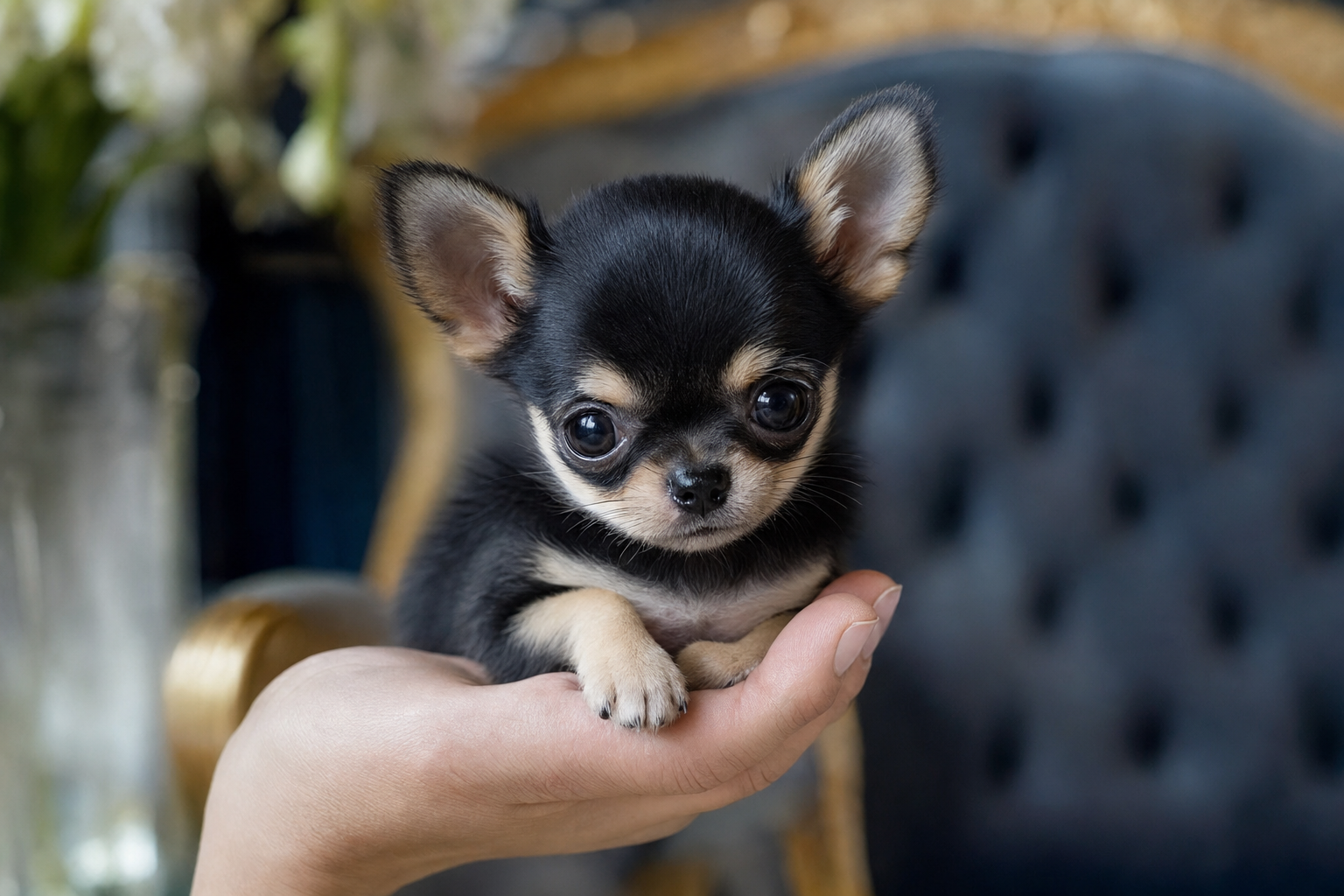 A photorealistic Teacup Chihuahua puppy, hand-raised in our California home — illustration for "Why Premium Chihuahua Puppies