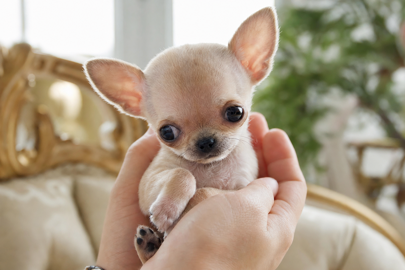 A small, long-haired Chihuahua puppy playing with a soft toy on a white rug.
