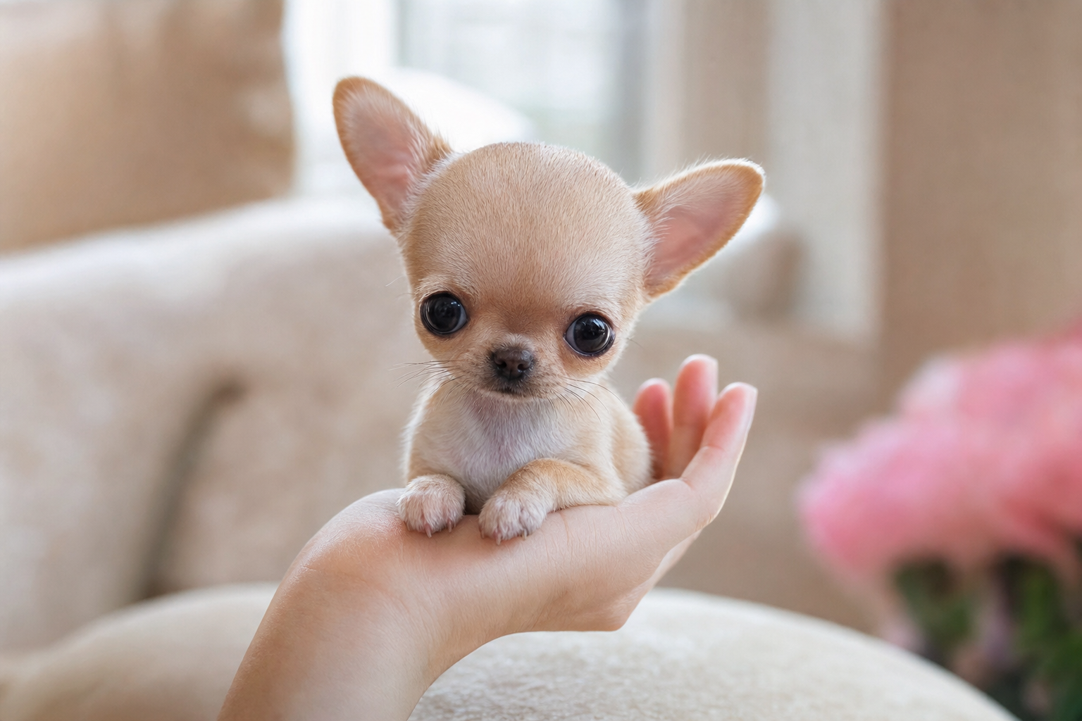 A calm long-hair Chihuahua puppy resting inside its comfortable crate with the door open.