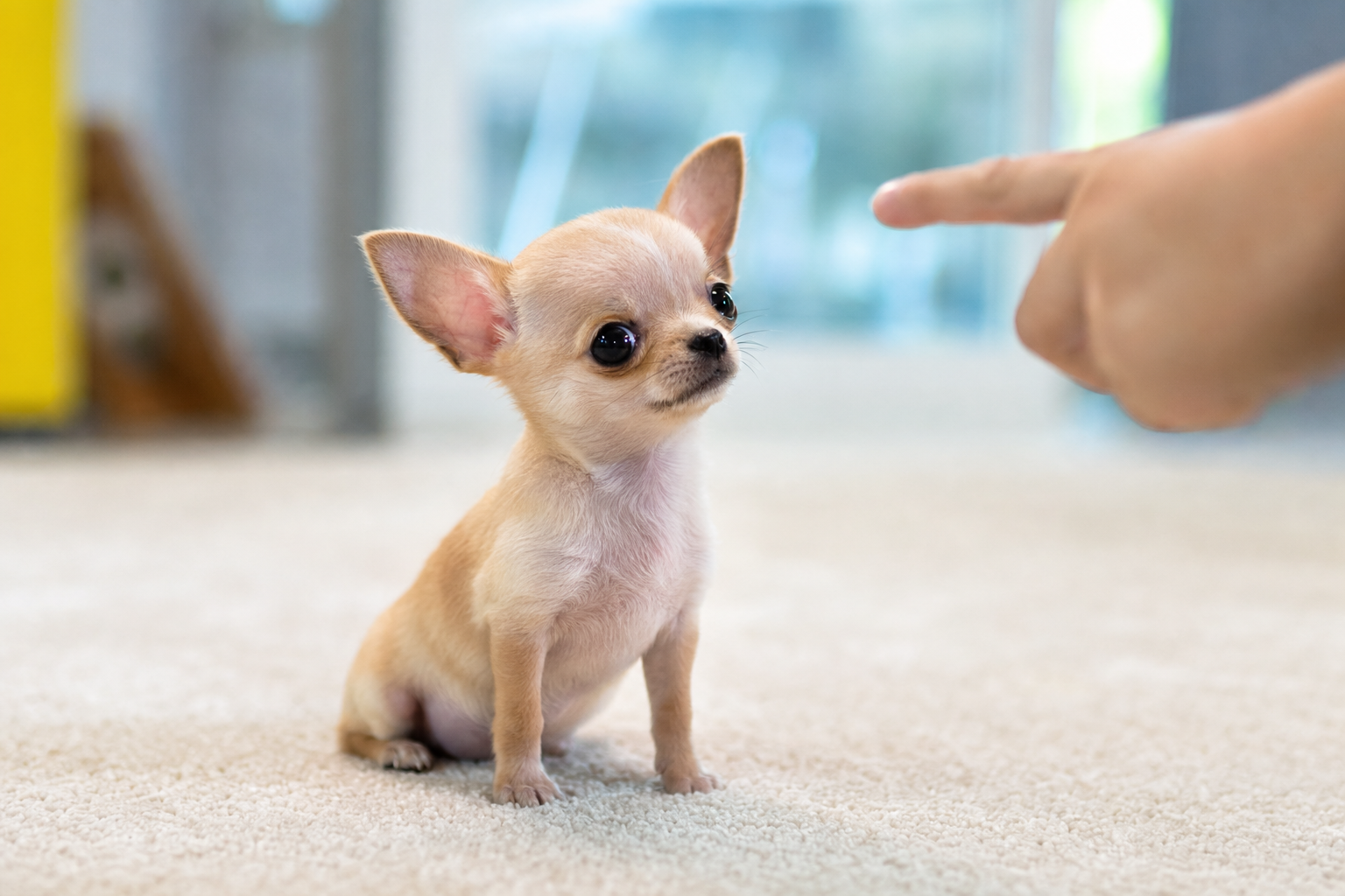 A well-behaved long hair Chihuahua puppy sitting attentively on a soft blanket during a training session.