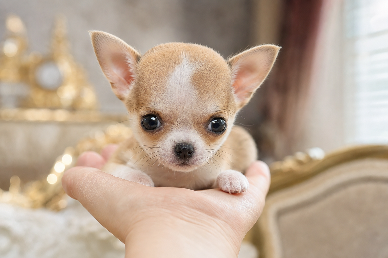 A tiny fawn-colored Miniature Chihuahua puppy sitting on a soft blanket in the sun.