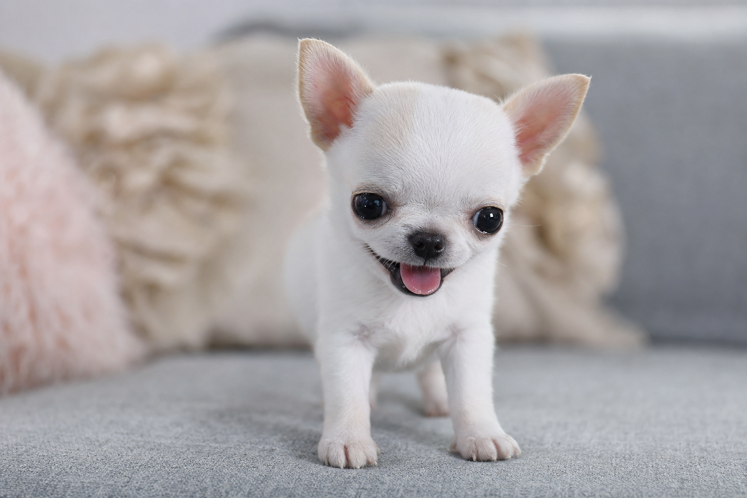 A tiny, healthy Apple Head Chihuahua puppy looking curiously at the camera on a clean, bright background.