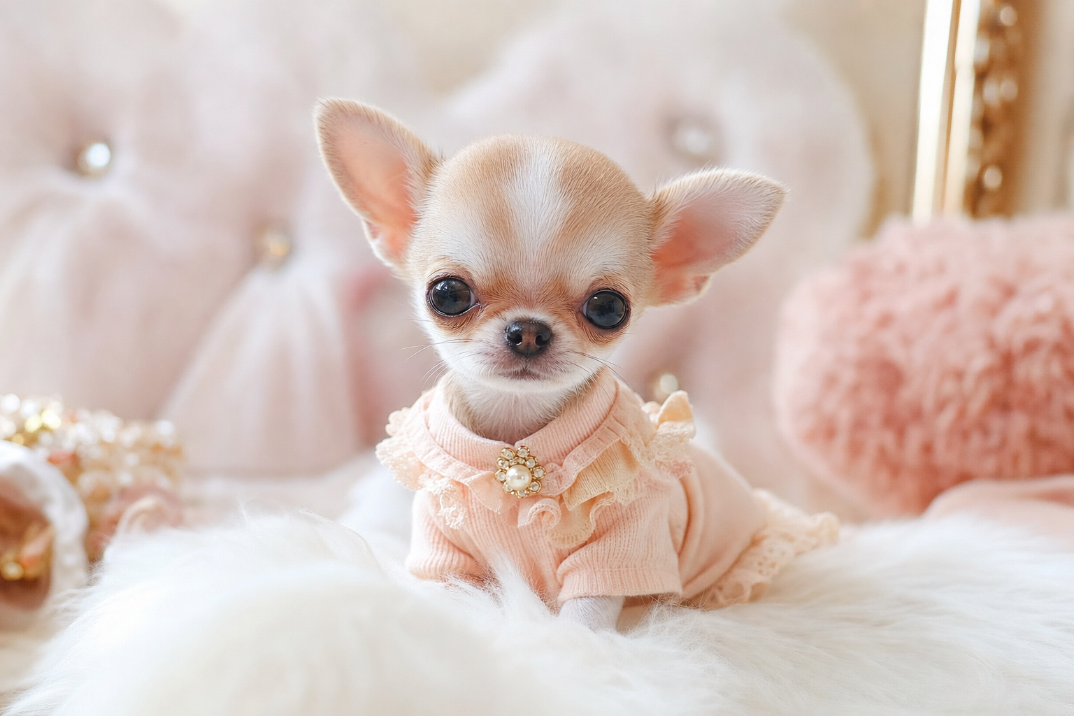 A tiny fawn Teacup Chihuahua puppy sitting on a white fluffy blanket and looking at the camera.